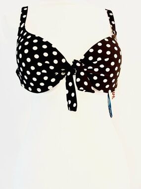 B. Rio Blue Brown and White Polka Dot Tie-Front Bikini Swim Top Large 36 C NWT